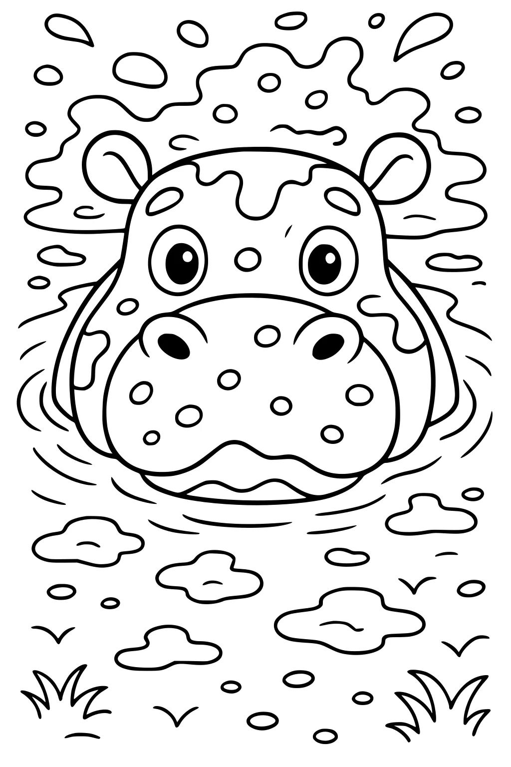 Large cartoon hippopotamus face poking out of water, with splashes, round eyes, spotty skin, puddles, and grass.