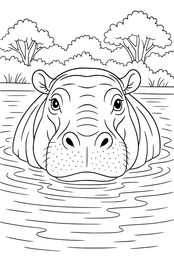 Free Hippopotamus Coloring Page - Peeking Hippo at Shady Riverbank (Printable PDF)