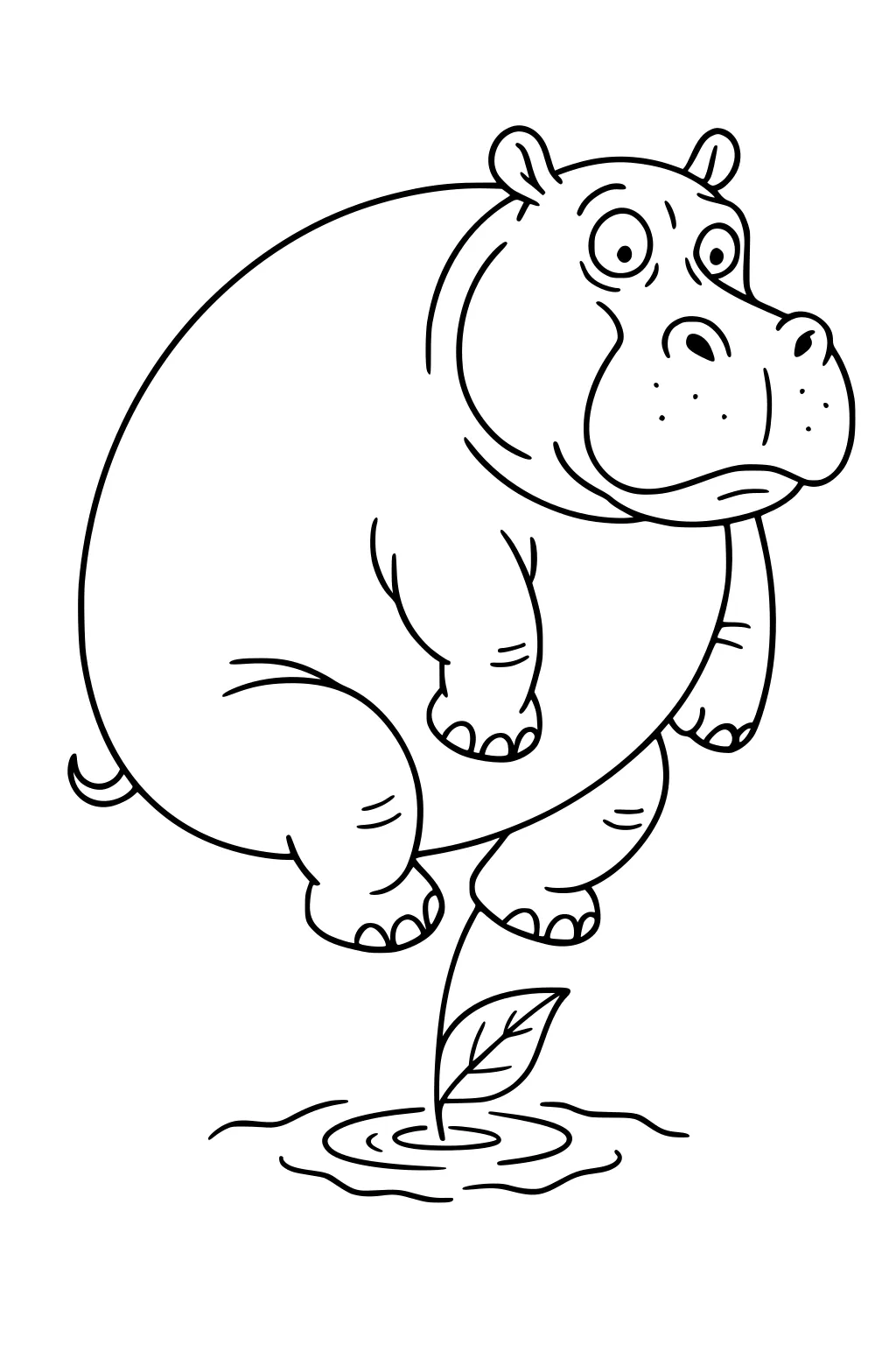 Cartoon hippo with round body and surprised face bouncing above water on a bouncing leaf stem.