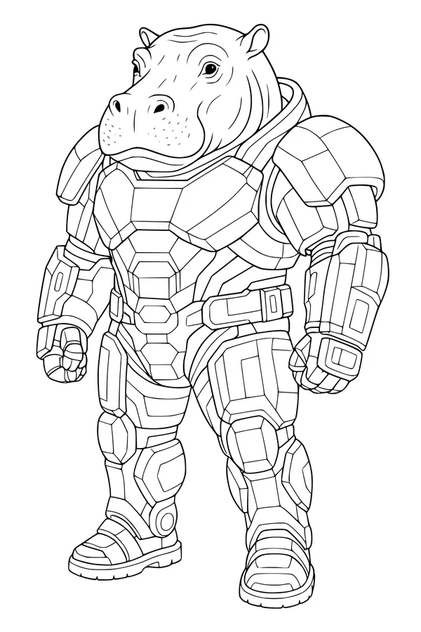 Free Hippopotamus Coloring Page - Futuristic Armored Superhero (Printable PDF)