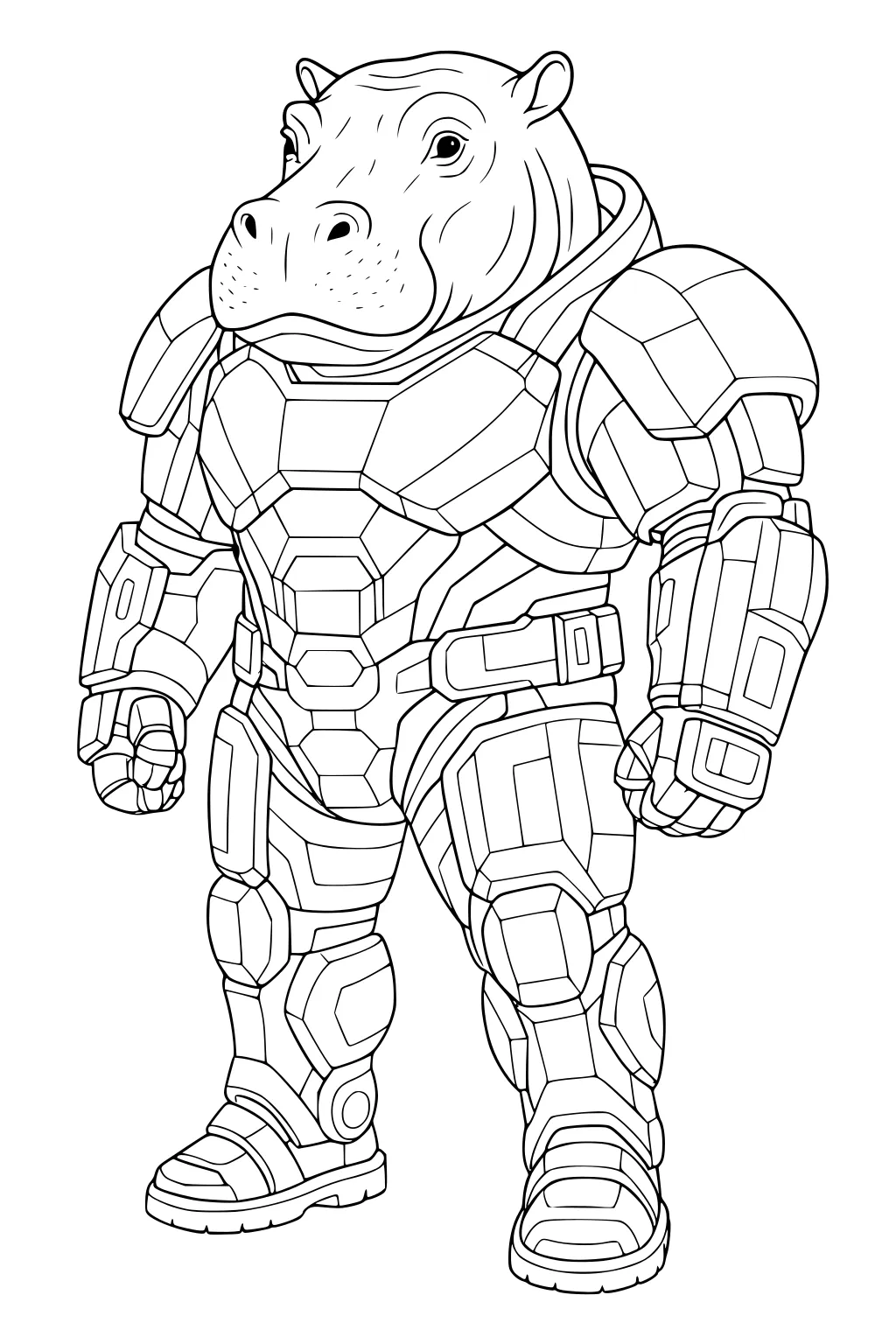 Hippo standing upright in futuristic armor suit with fists closed and face visible.