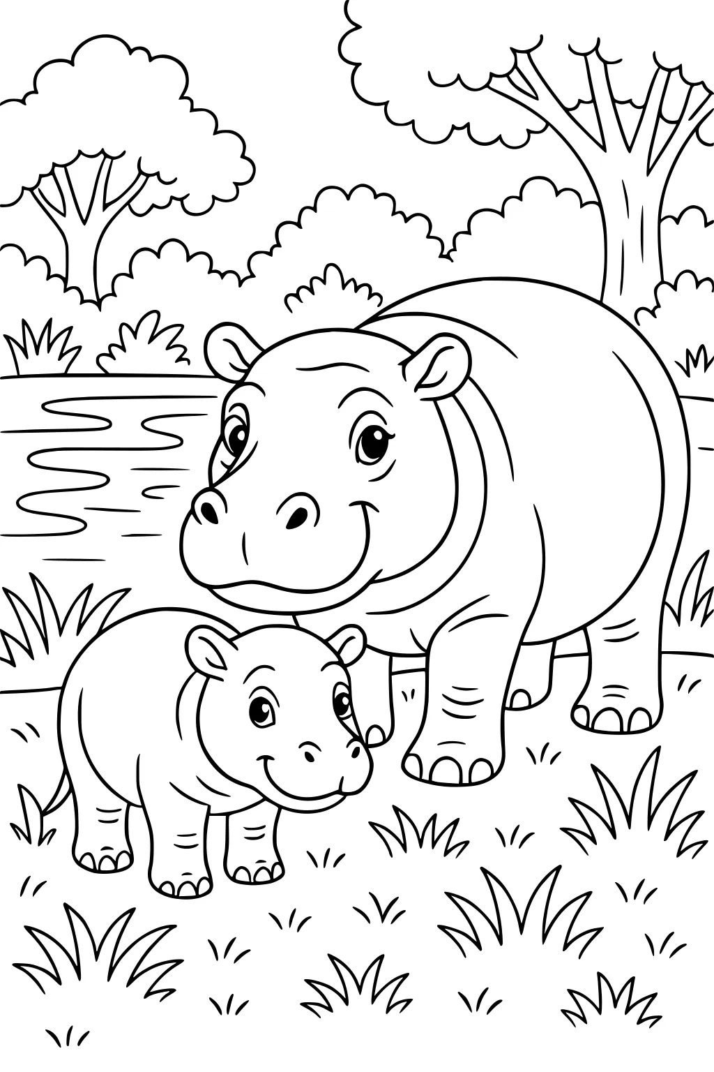 Mother and baby hippopotamus standing side by side on grassy ground by a pond with trees and bushes in the background.