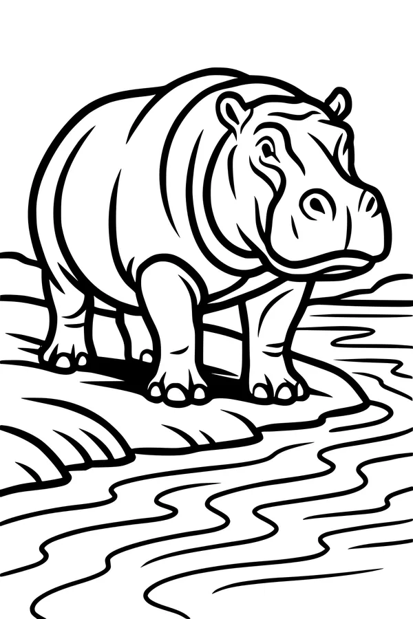 Free Hippopotamus Coloring Page - Big Hippo by the Riverbank (Printable PDF)