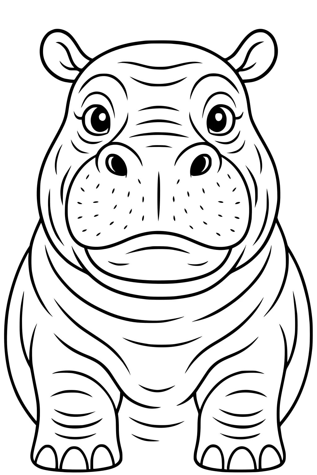 Front view of a plump hippopotamus with big round eyes, small ears, wide nose, and wrinkled skin.