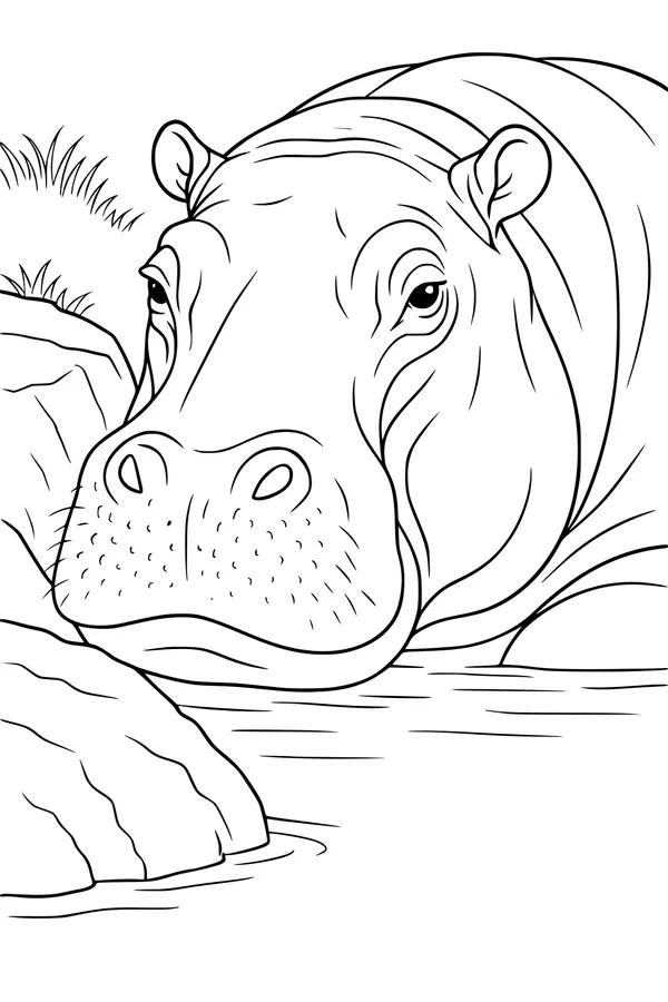 Free Hippopotamus Coloring Page - Big Hippo Peeking from Riverbank (Printable PDF)
