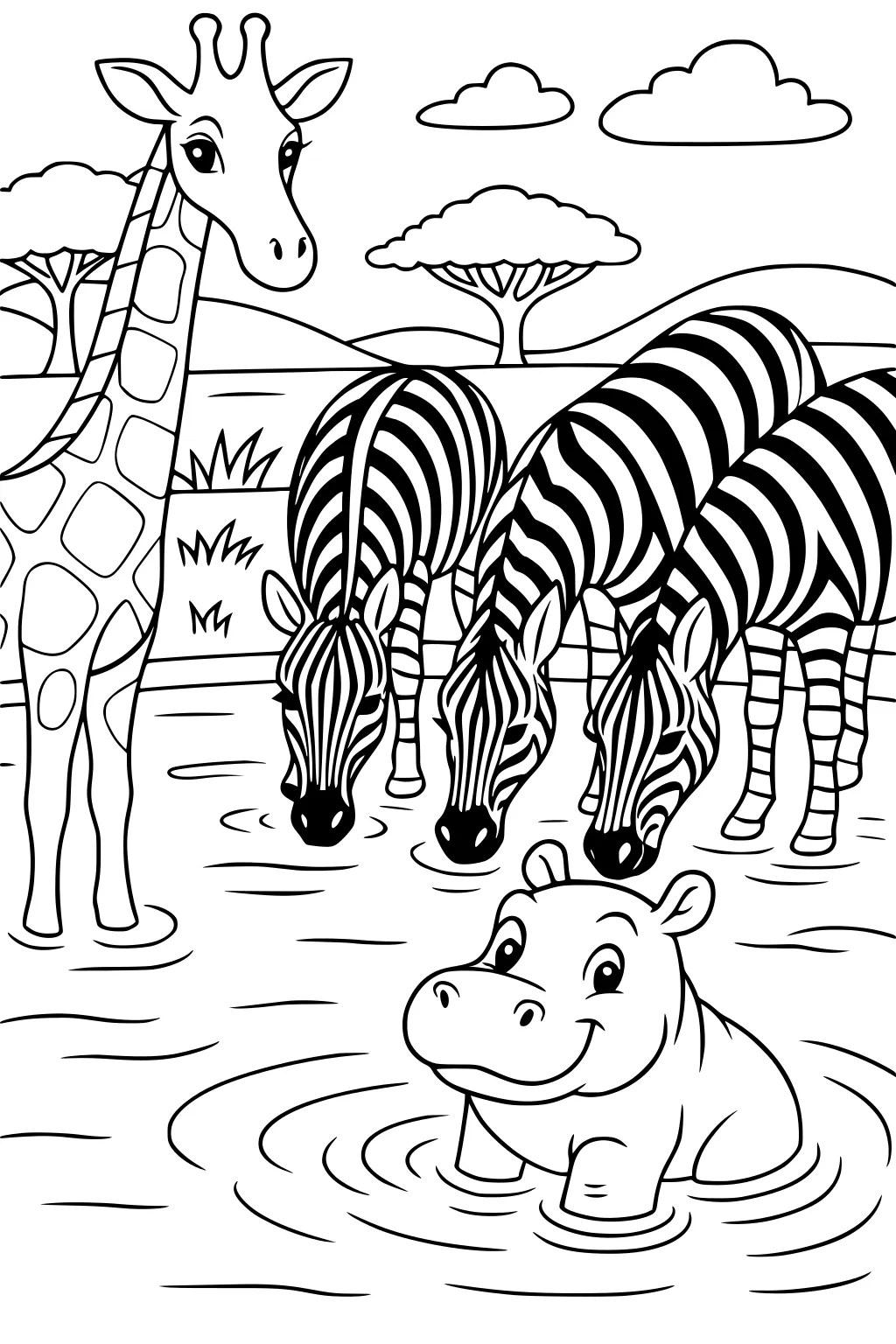 Smiling hippo in a pond, three zebras drinking water, giraffe standing nearby, trees and clouds in background.