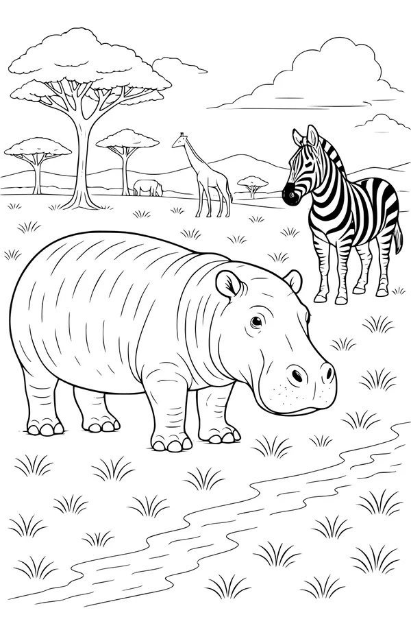 Free Hippopotamus Coloring Page - Savanna Stream With Zebra and Giraffe (Printable PDF)