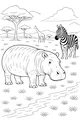 Free Hippopotamus Coloring Page - Savanna Stream With Zebra and Giraffe (Printable PDF)