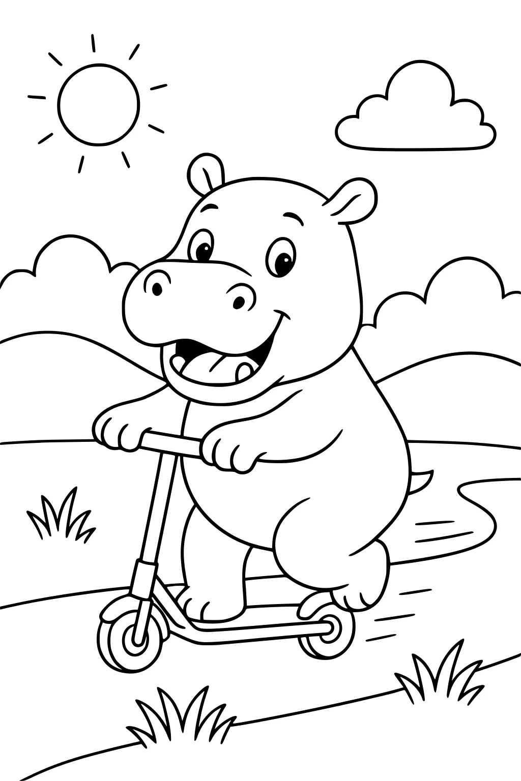 Happy hippopotamus riding a scooter on a curvy outdoor path with sun, clouds, hills, and grass.