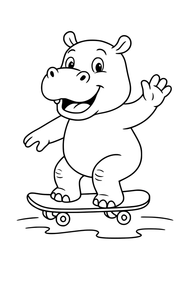 Free Hippopotamus Coloring Page - Cartoon Hippo Riding a Skateboard (Printable PDF)