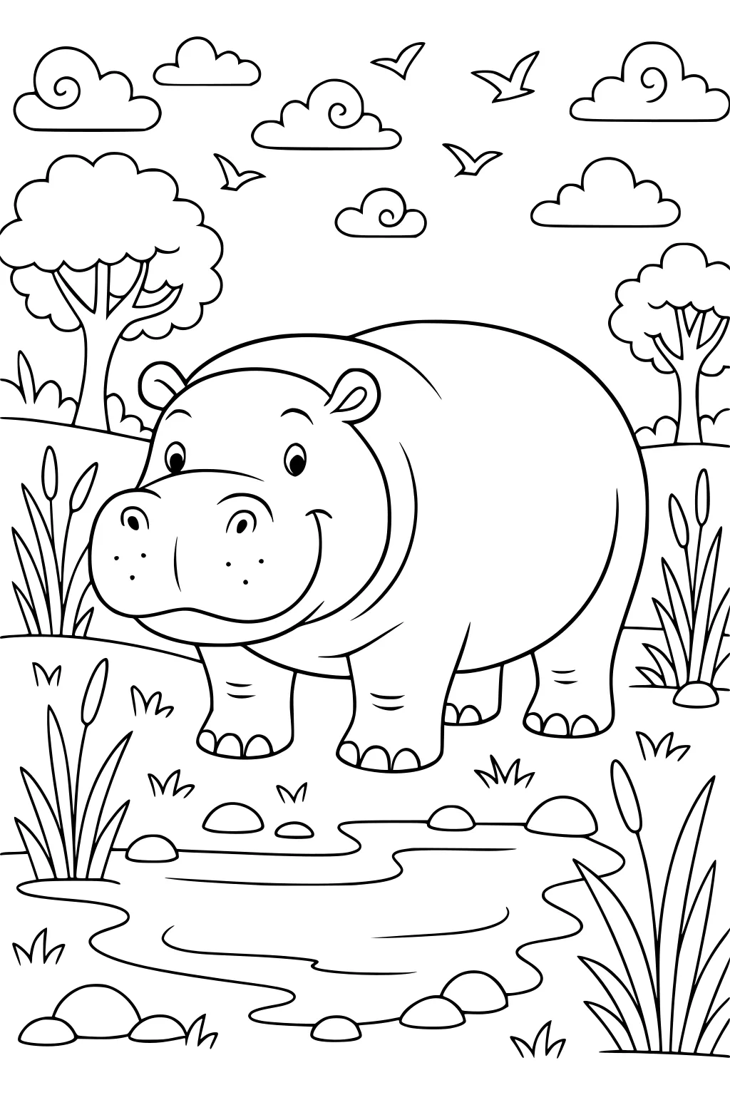 Cartoon hippo standing near a pond with grass, rocks, trees, clouds, and birds in the sky.