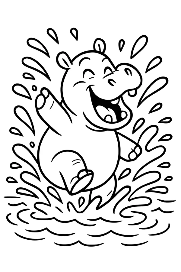 Free Hippopotamus Coloring Page - Happy Hippo Splashing in Water (Printable PDF)