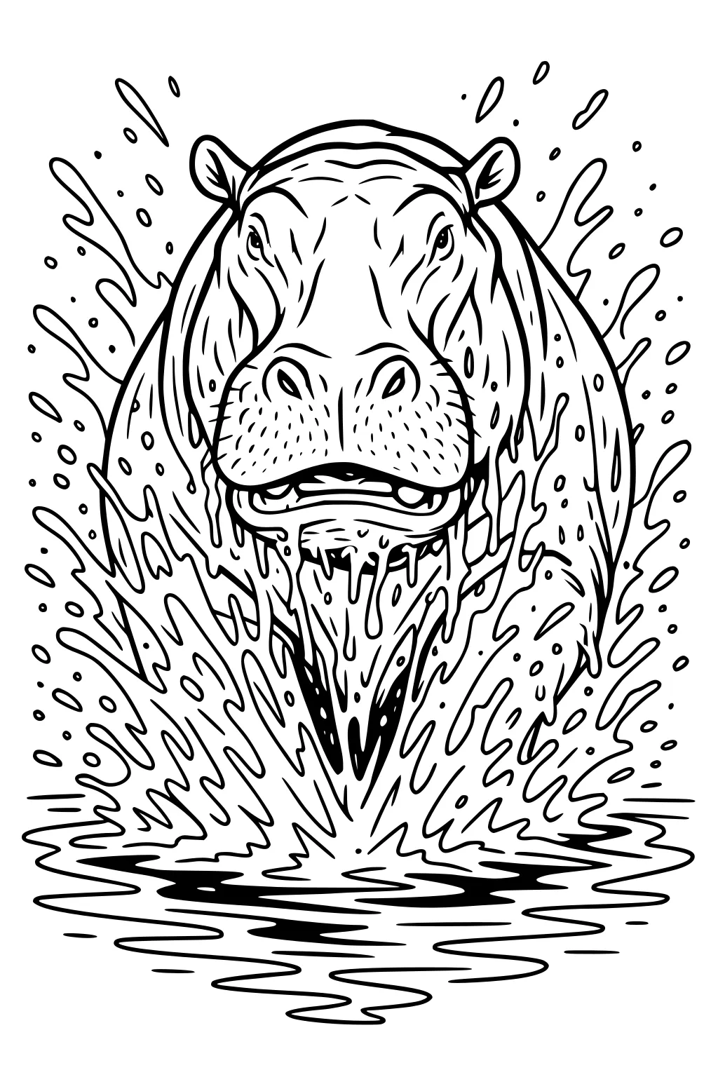 Hippopotamus bursting out of the water with large splashes and waves surrounding its head and body.