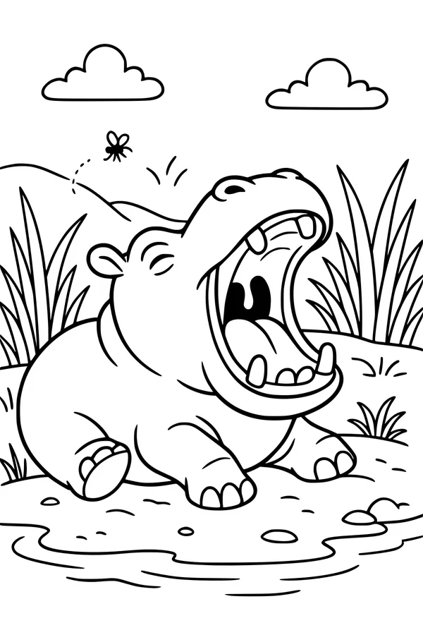 Free Hippopotamus Coloring Page - Big Yawn by the Pond (Printable PDF)