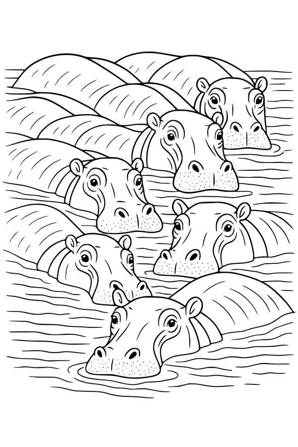 Free Hippopotamus Coloring Page - Peeking Hippos in a Wavy River (Printable PDF)