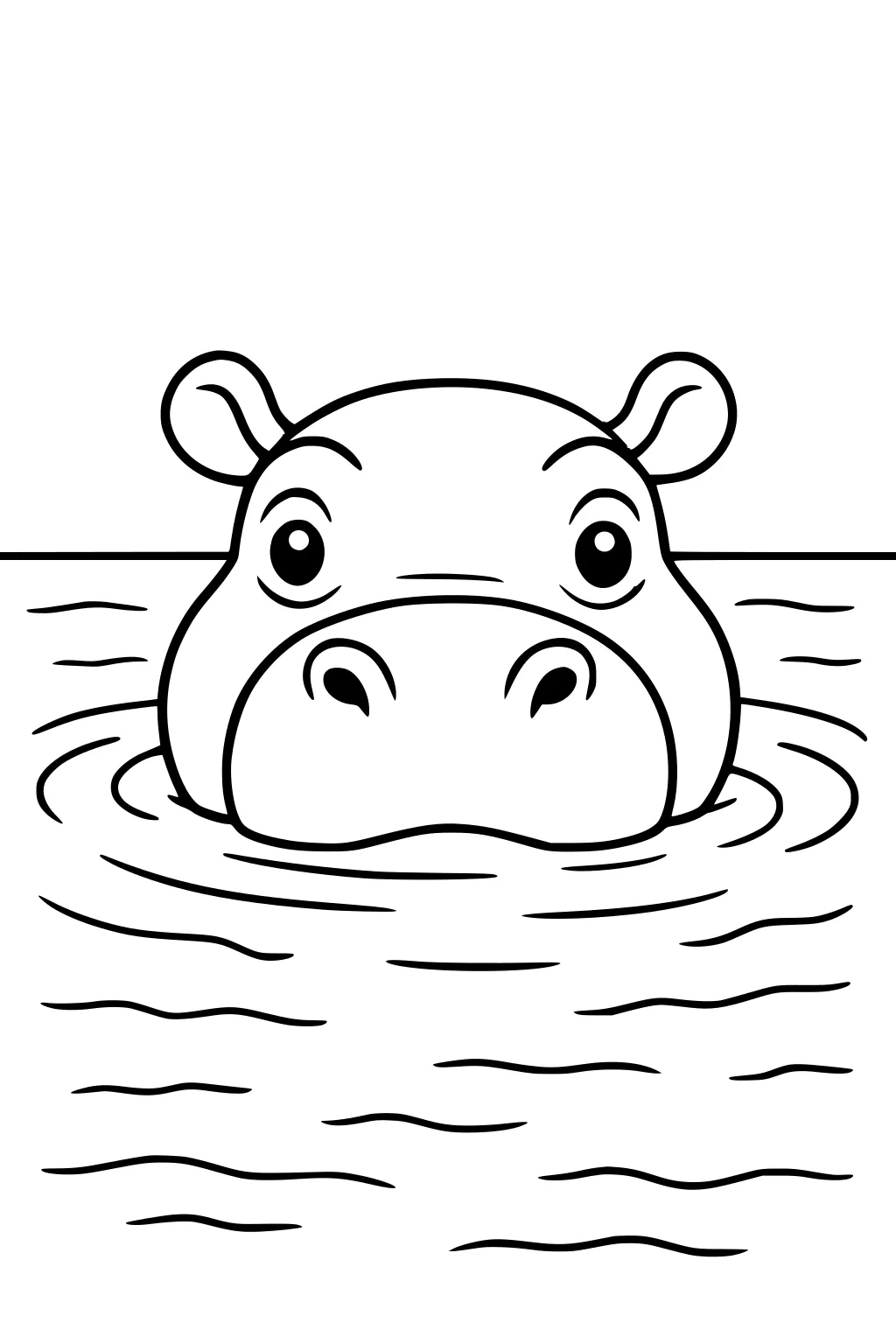 Hippo face and ears peeking above river water lined with ripples, looking straight ahead.