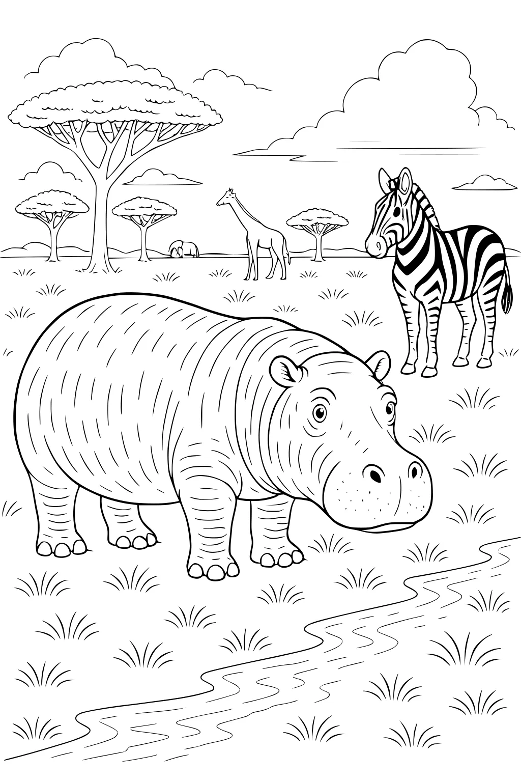 Big hippopotamus near a river, with a zebra, giraffe, distant hippo, trees, grass, and clouds on the savanna.