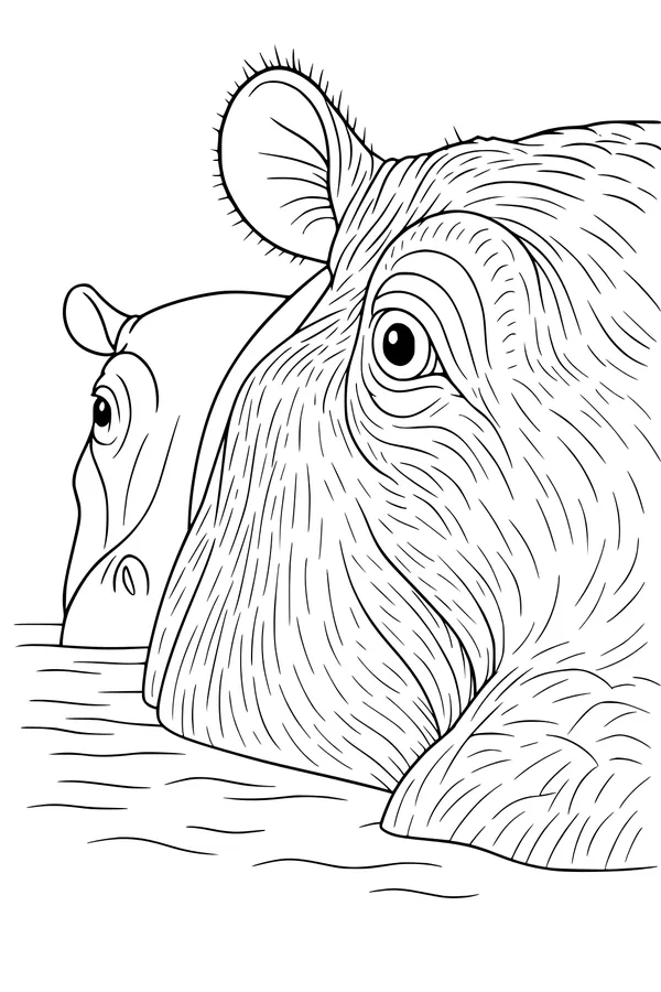 Free Hippopotamus Coloring Page - Big Hippo And Calf In River (Printable PDF)