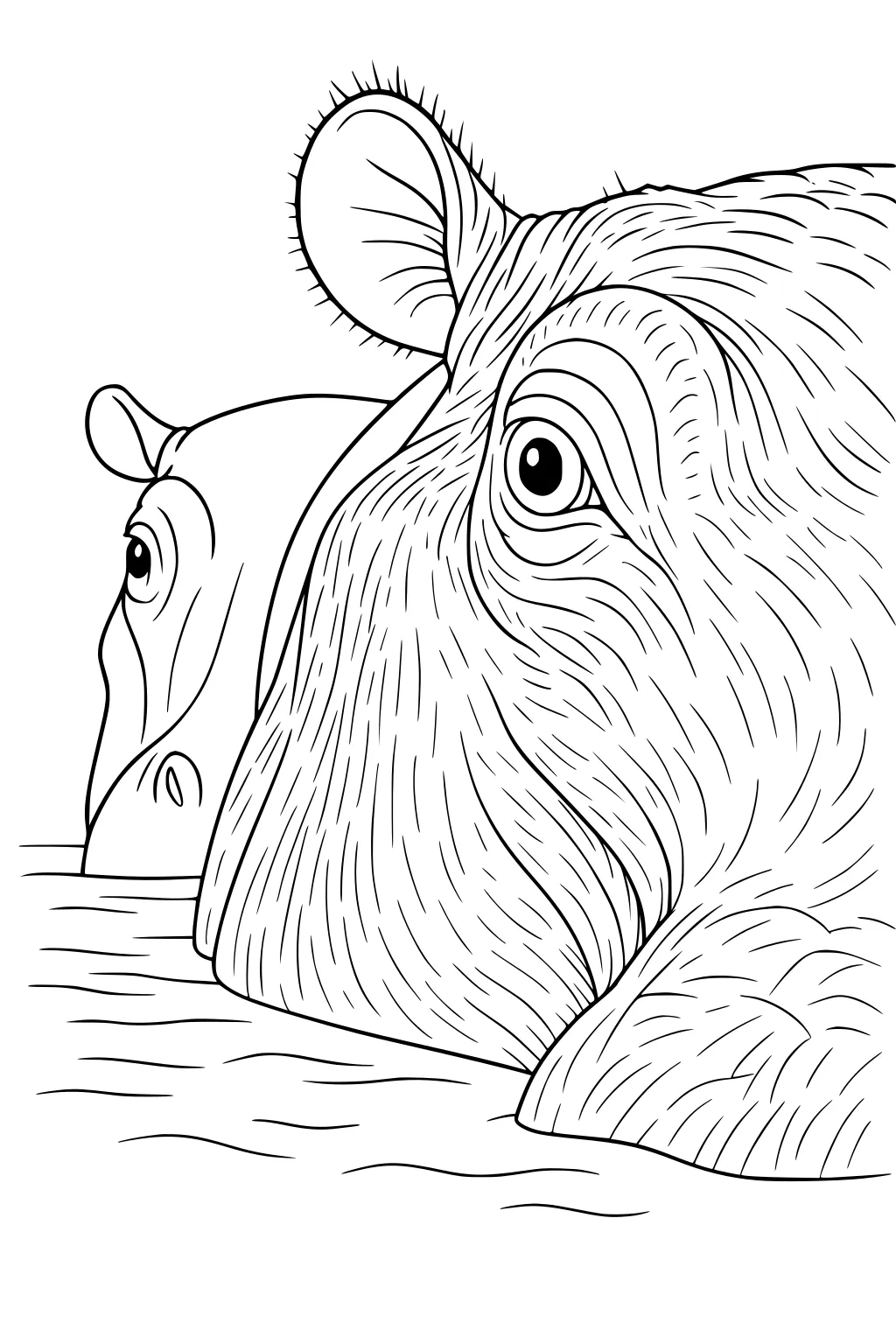 Two hippos in water, one large hippo face close up, smaller hippo head behind, ripples around them.