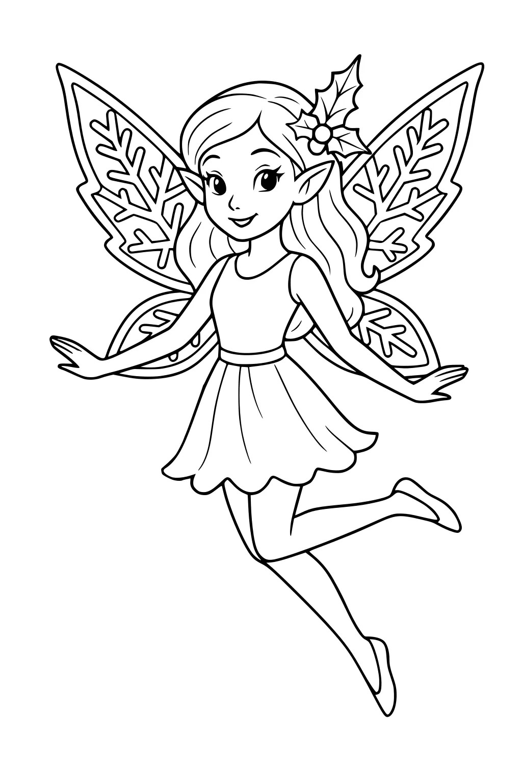 Smiling fairy girl with leaf-vein wings and holly hairpiece, flying in a sleeveless dress and slippers, one knee bent, arms out.