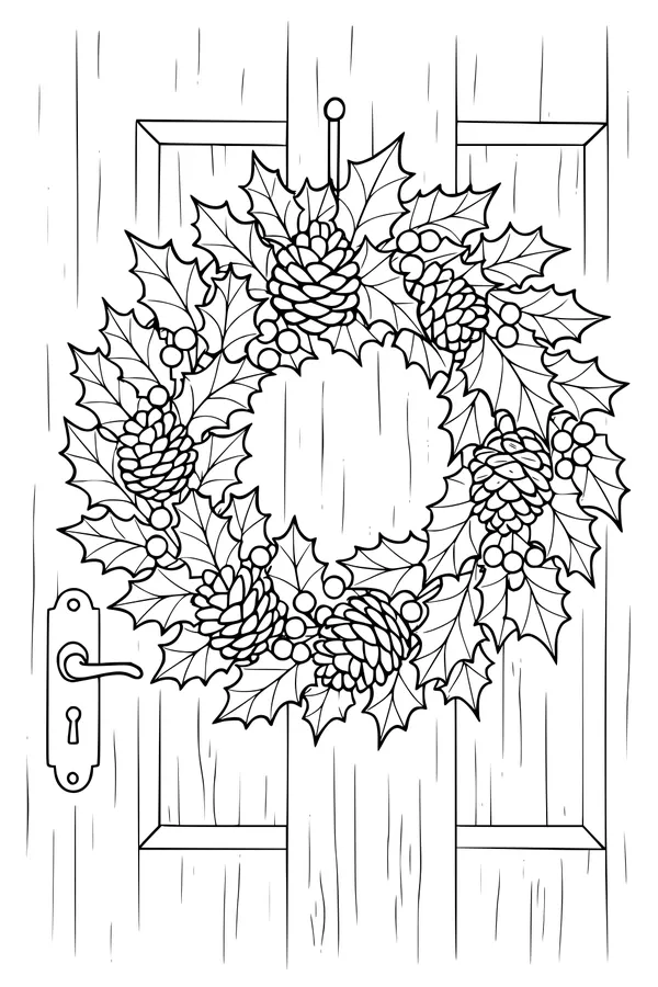 Free Christmas Wreath Coloring Page - Holly Door Decoration (Printable PDF)