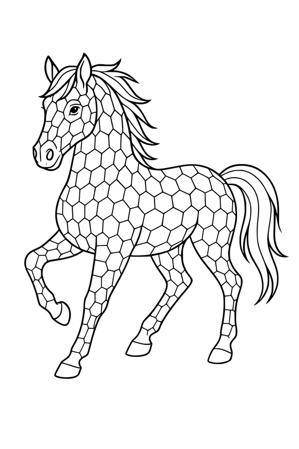 Free Horse Coloring Page - Prancing Honeycomb Pattern Coat (Printable PDF)