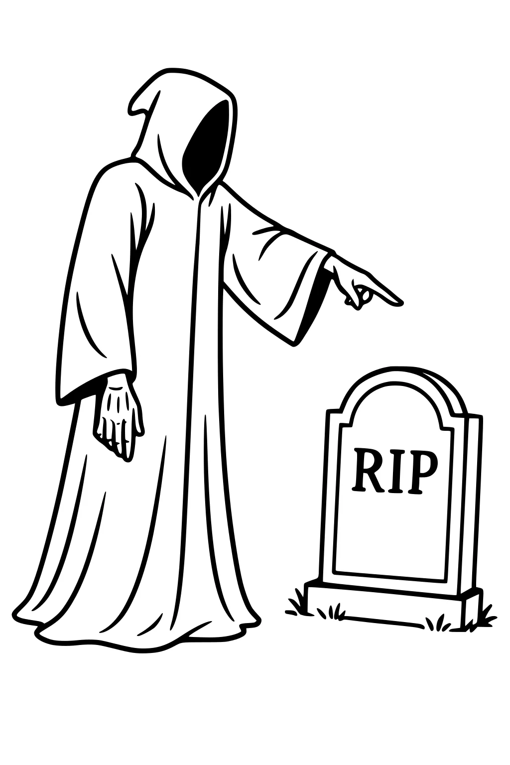 Hooded ghost in long robe pointing at RIP gravestone, bony hand showing, small grass tufts below, simple Halloween line art.