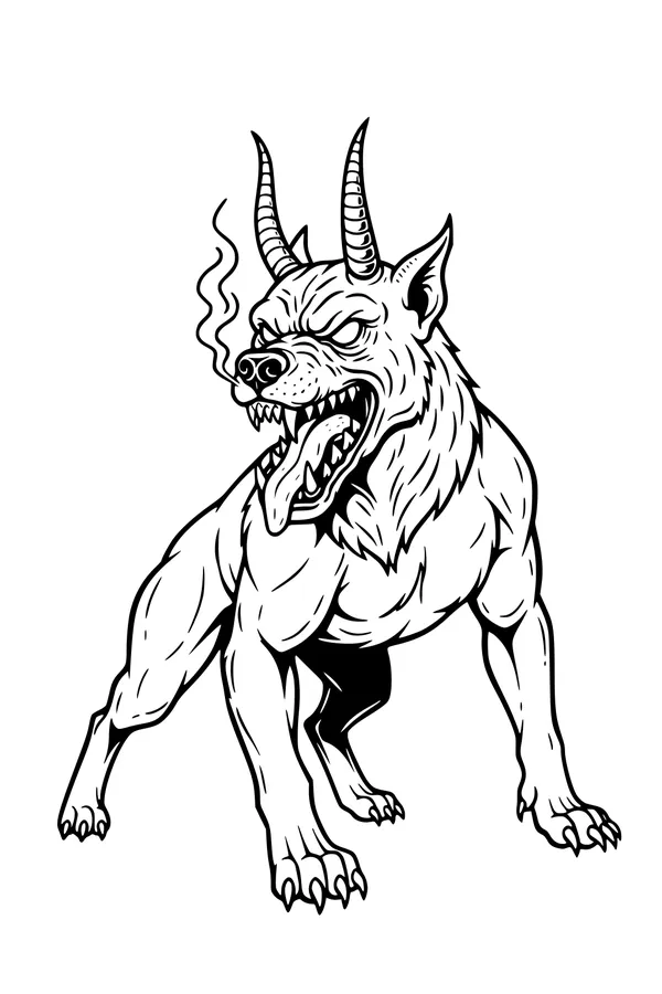 Free Monster Dog Coloring Page - Horned Hound With Smoky Snarl (Printable PDF)