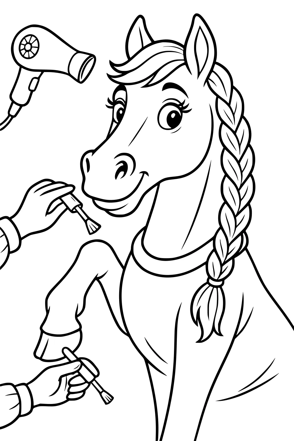 Horse with a braided mane being brushed on her leg and hoof by human hands, with a hair dryer above.