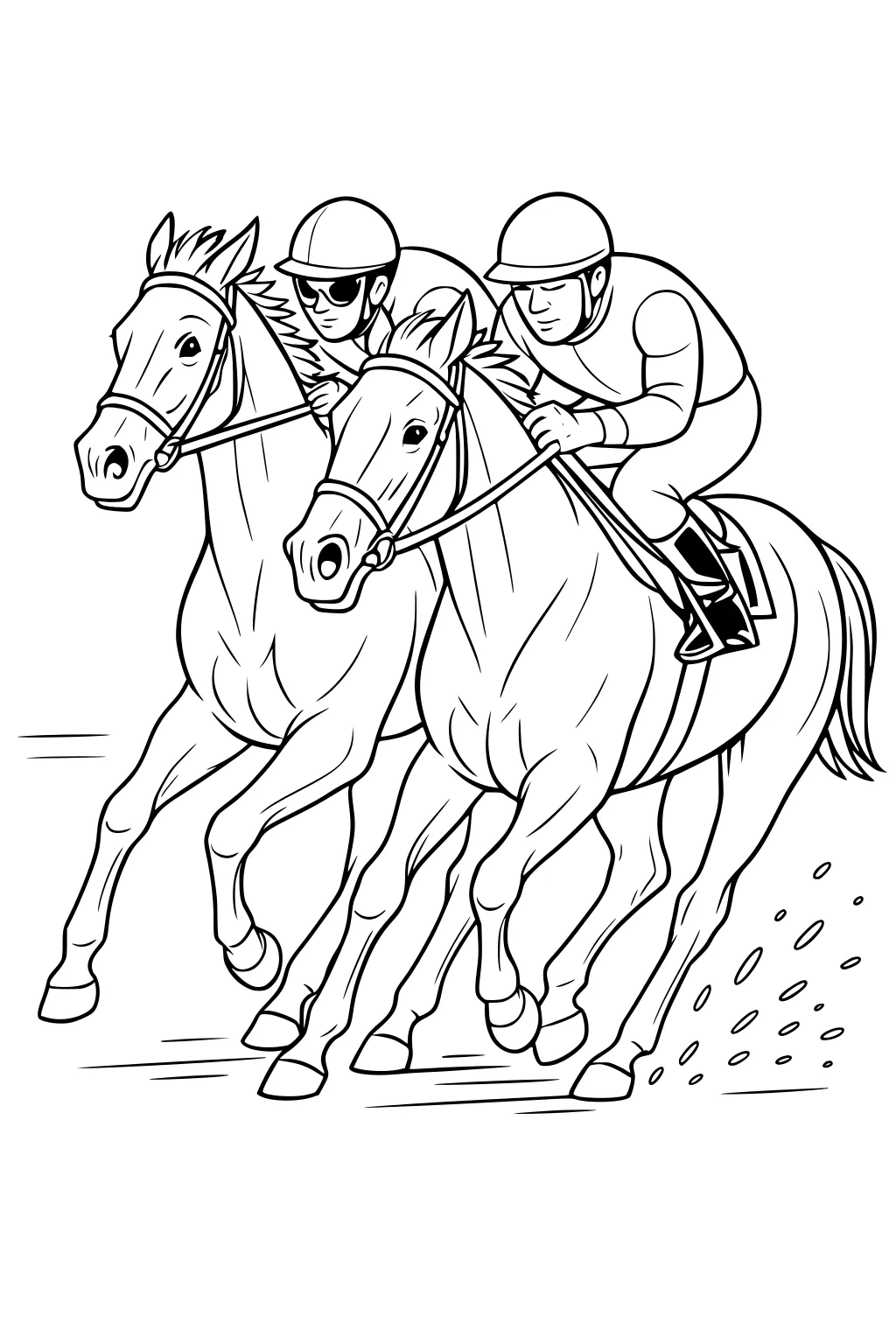 Two horses with riders racing side by side, wearing helmets and boots, with dirt flying behind them.