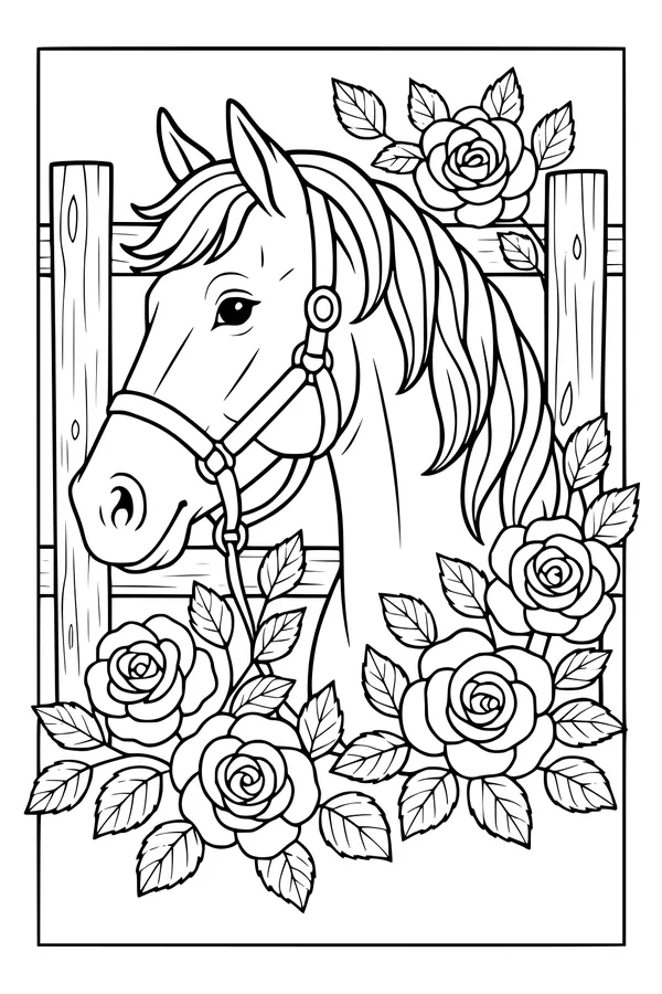 Free Horse Coloring Page - Horse With Roses By the Fence (Printable PDF)
