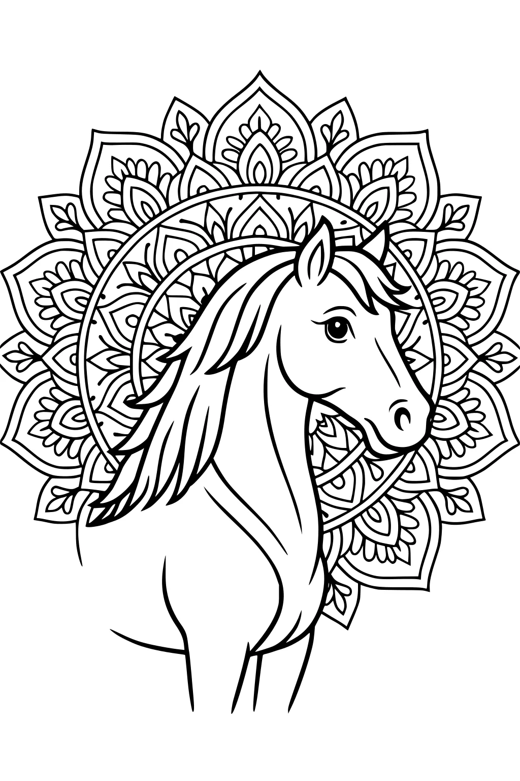 Horse with long mane in front of a detailed mandala floral background.
