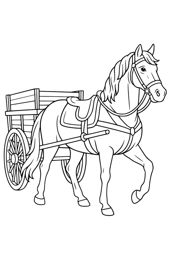 Free Horse Coloring Page - Proud Horse Pulling Wooden Wagon (Printable PDF)