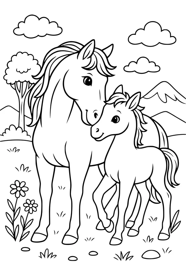 Free Horse Coloring Page - Mother and Foal in Flowered Meadow (Printable PDF)