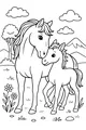 Free Horse Coloring Page - Mother and Foal in Flowered Meadow (Printable PDF)