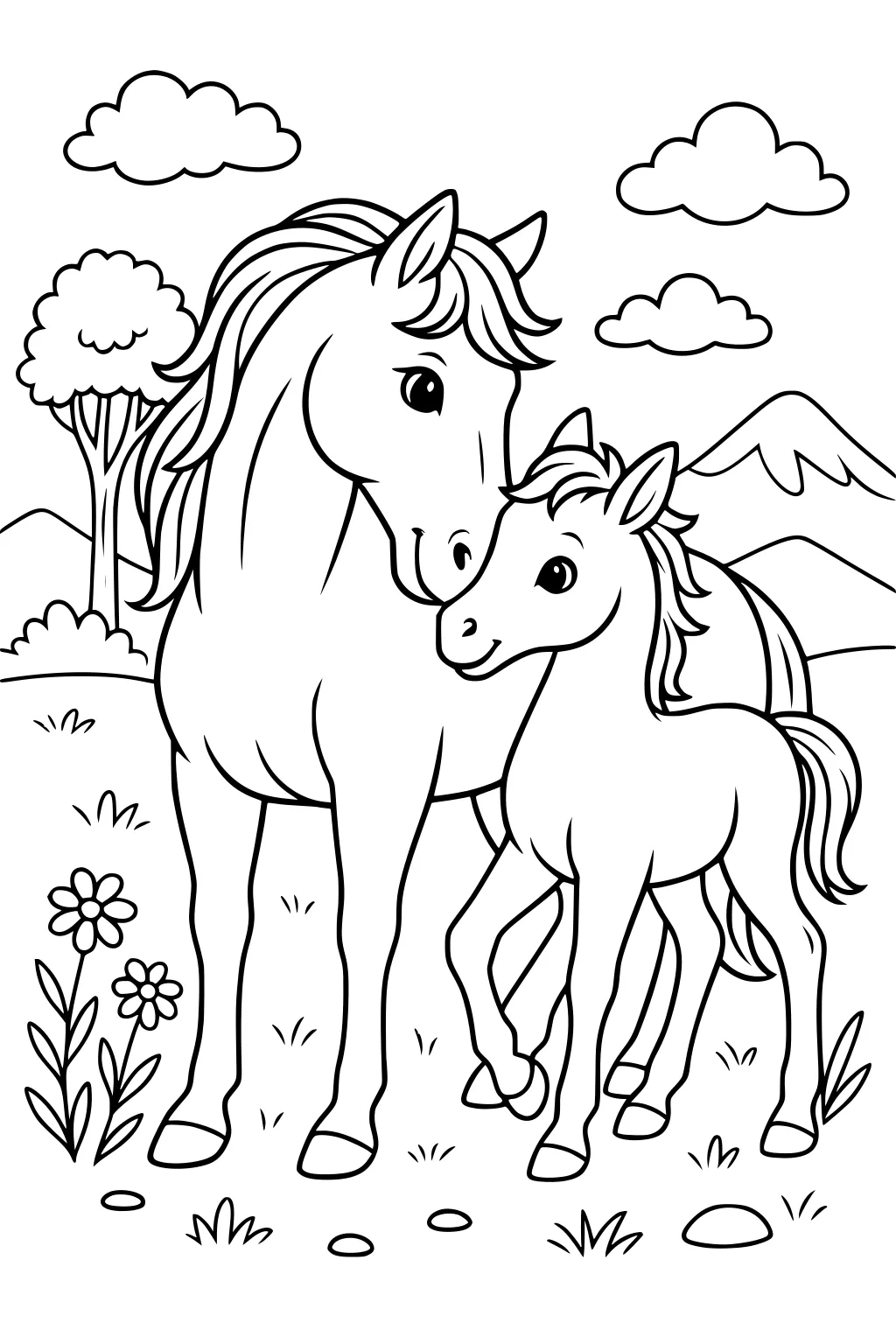 Mother horse with her foal in a grassy field, flowers and trees nearby, mountains and clouds in the sky.