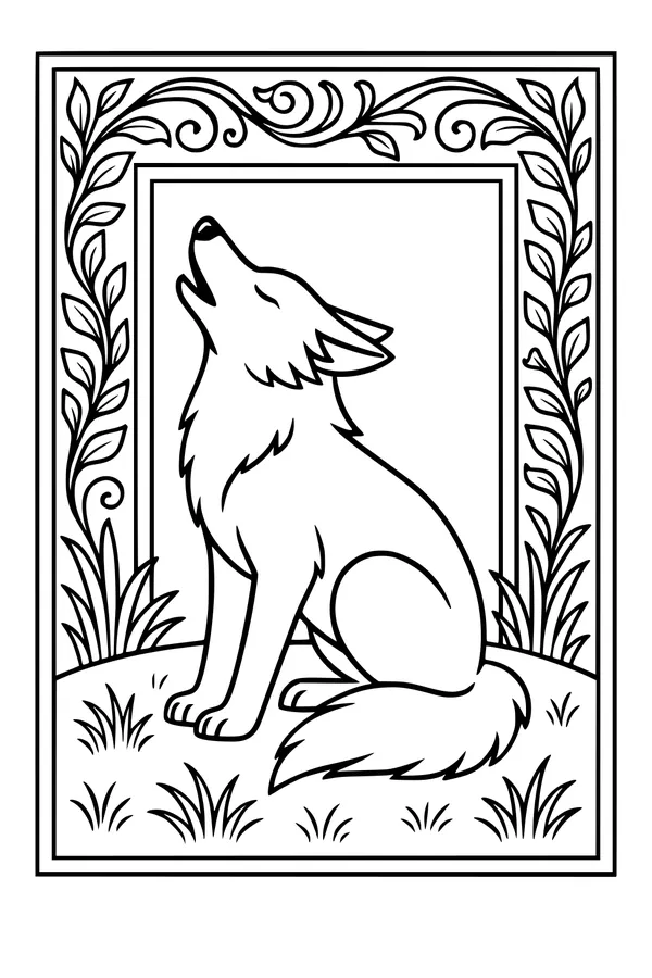 Free Coyote Coloring Page - Howling in a Leafy Meadow Frame (Printable PDF)