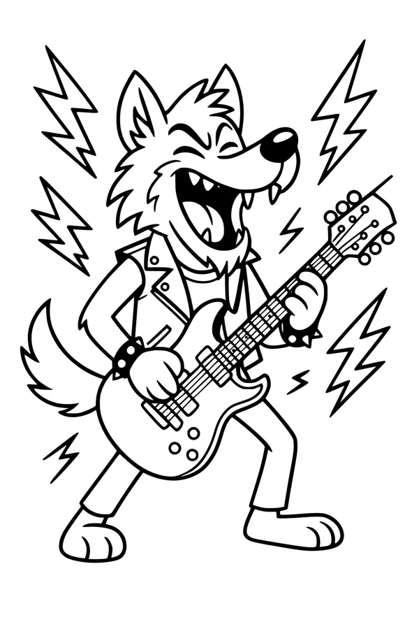Free Wolf Coloring Page - Rock Guitar Howling Wolf (Printable PDF)