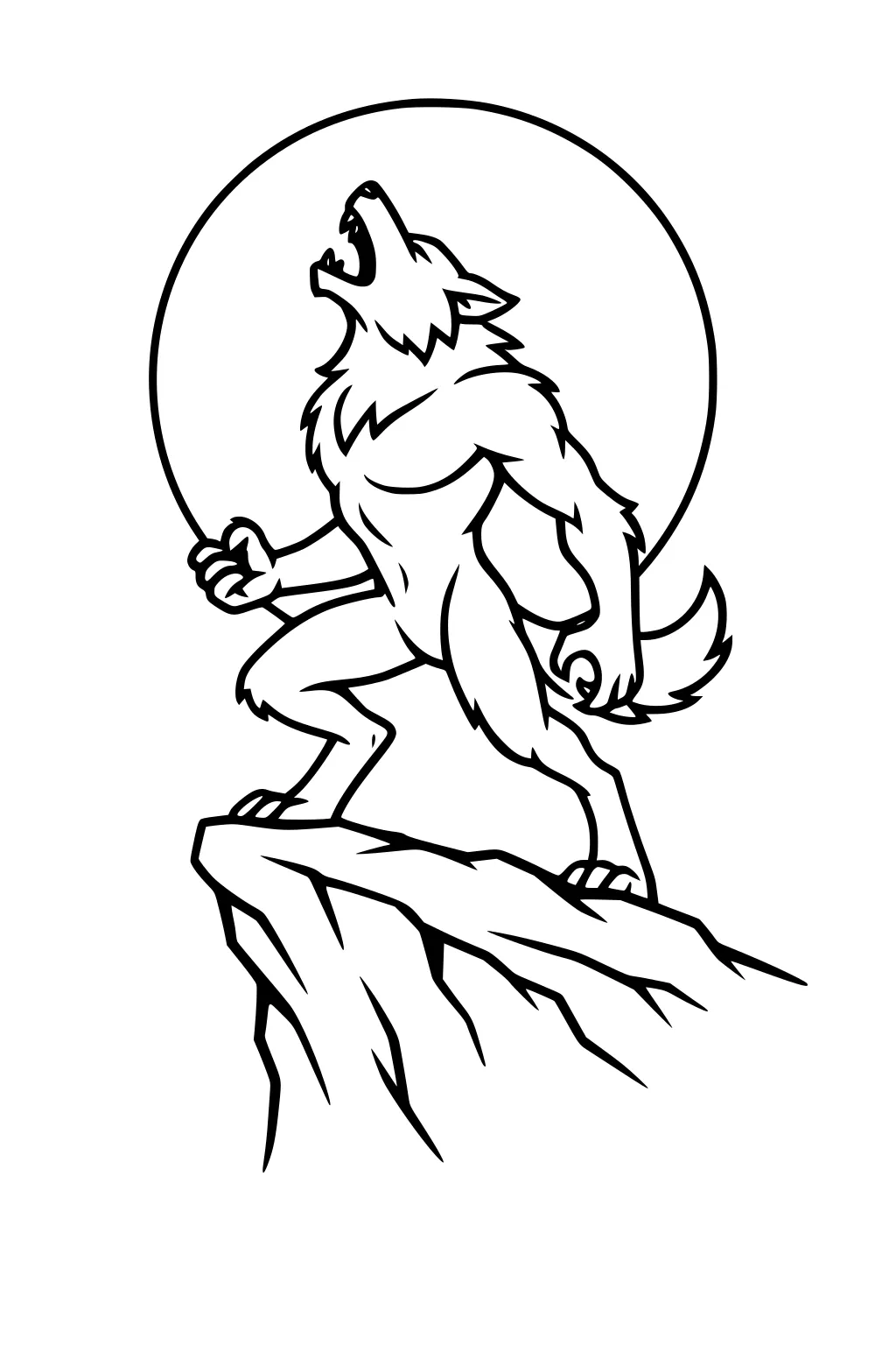 Cartoon werewolf howling on a rocky cliff with a big full moon behind him, drawn in bold outlines for kids to color.