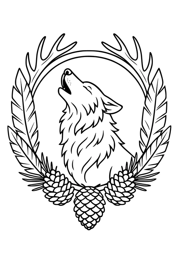 Free Wolf Coloring Page - Howling Forest Crest Design (Printable PDF)