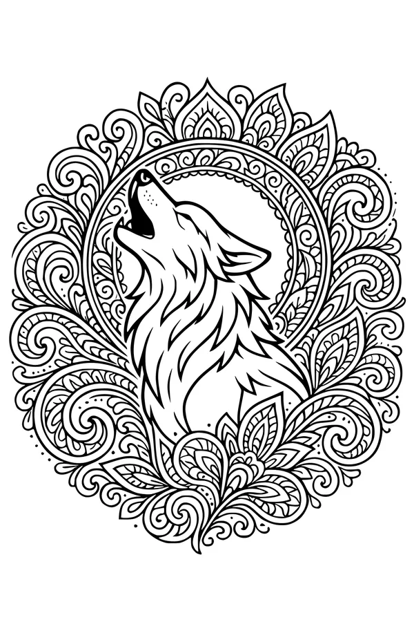 Free Wolf Coloring Page - Howling Wolf in Leafy Mandala (Printable PDF)