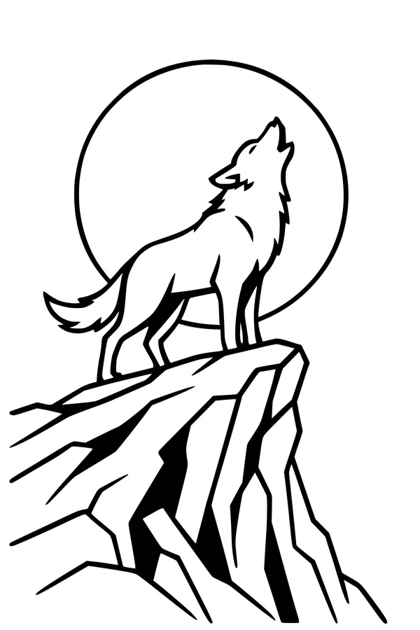 Free Wolf Coloring Page - Howling on a Moonlit Cliff (Printable PDF)