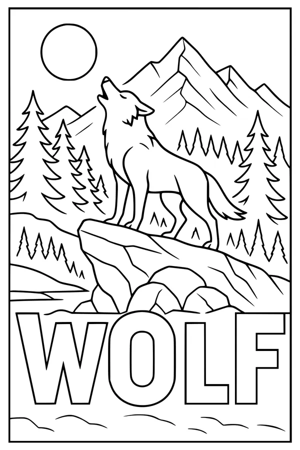 Free Wolf Coloring Page - Howling on a Mountain Ridge (Printable PDF)
