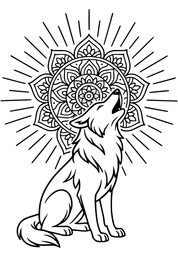 Free Wolf Coloring Page - Howling Pup With Mandala Sunburst (Printable PDF)