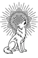 Free Wolf Coloring Page - Howling Pup With Mandala Sunburst (Printable PDF)