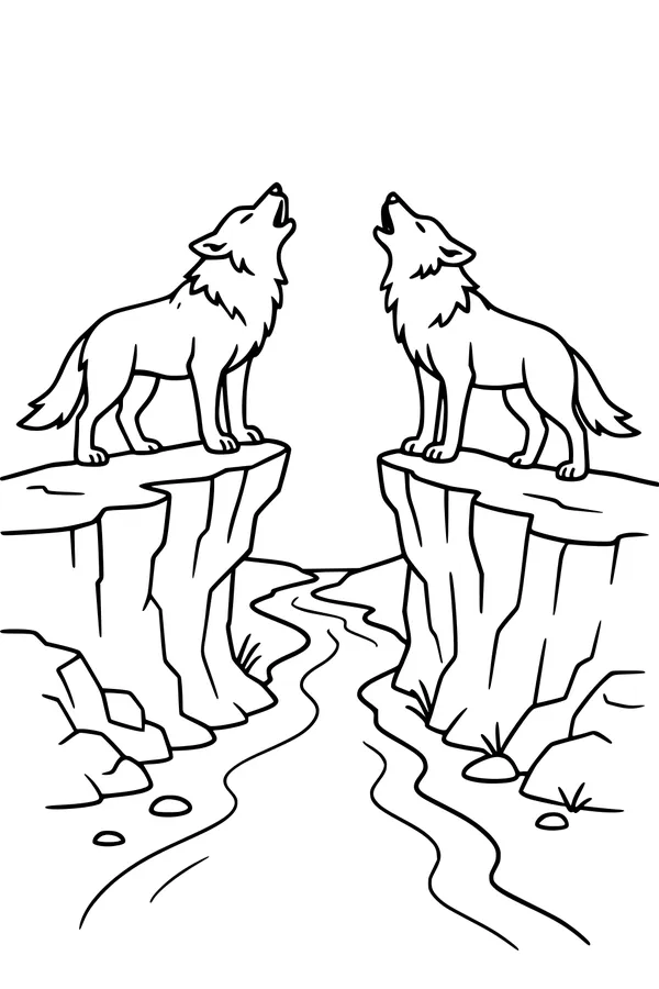 Free Wolf Coloring Page - Howling Wolves Across Canyon Cliffs (Printable PDF)