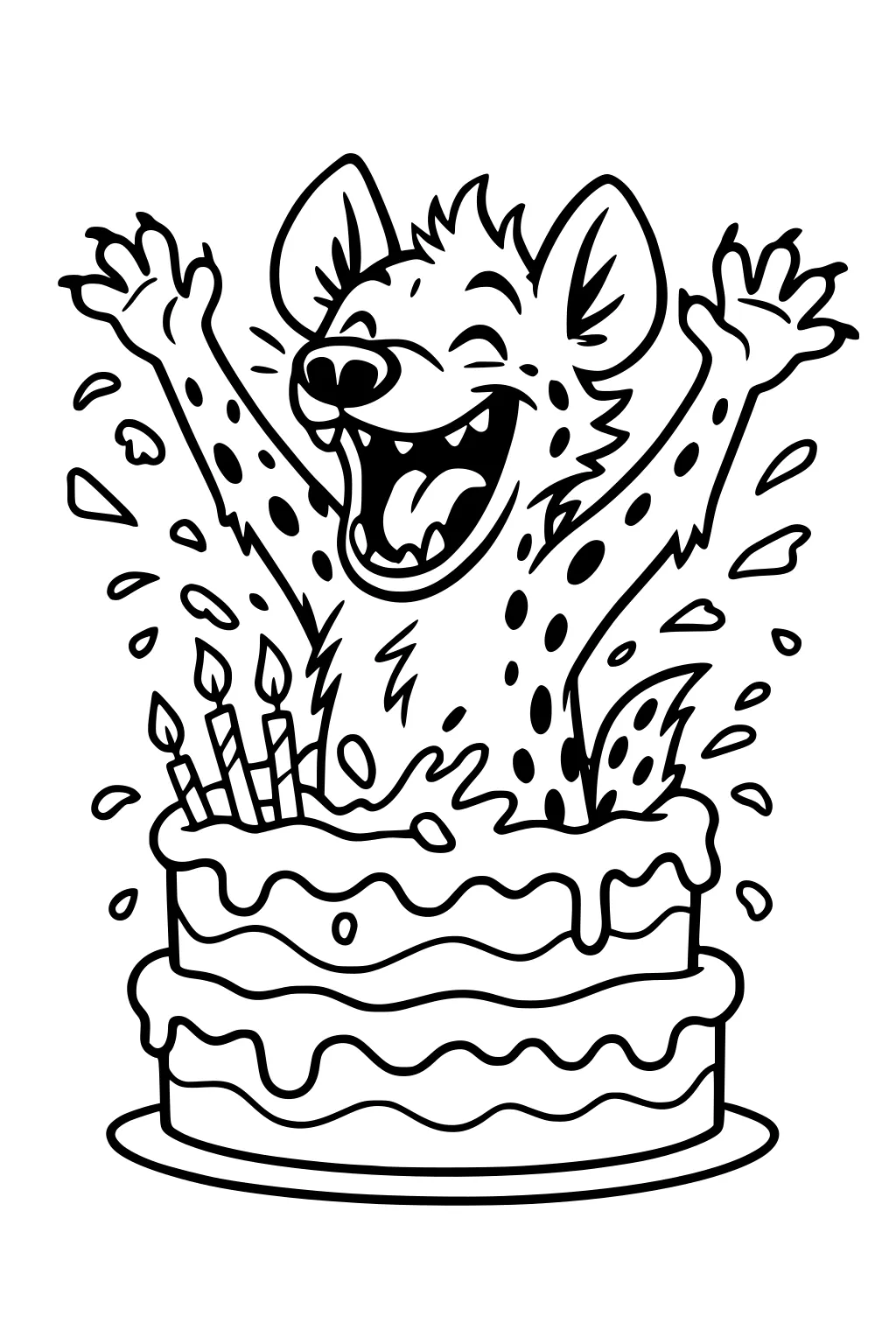 A laughing hyena jumps out of a layered birthday cake with candles, frosting, and cake pieces flying.