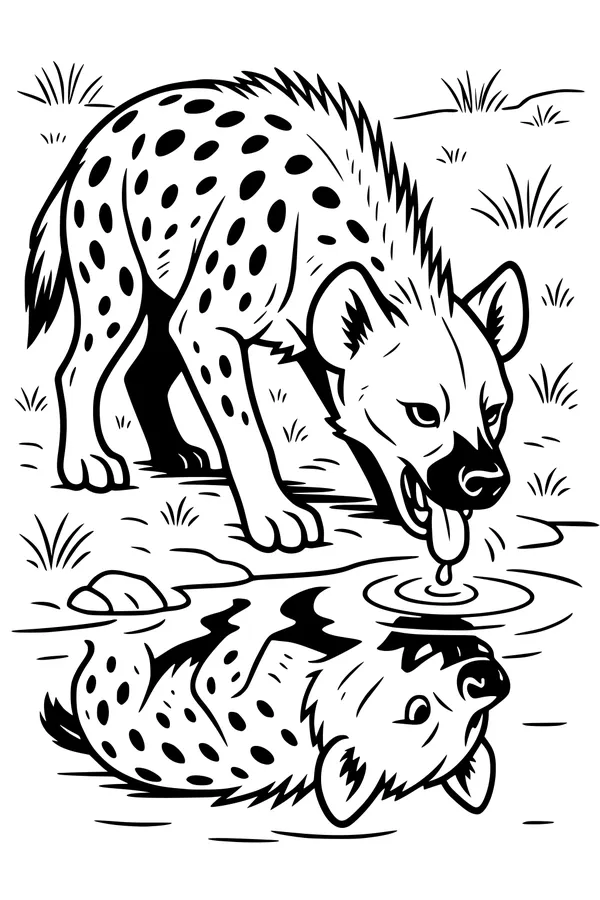 Free Hyena Coloring Page - Spotted Hyena Drinking at Pond (Printable PDF)