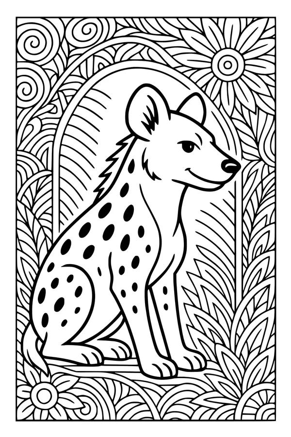 Free Hyena Coloring Page - Smiling Spotted Hyena in Jungle Garden (Printable PDF)