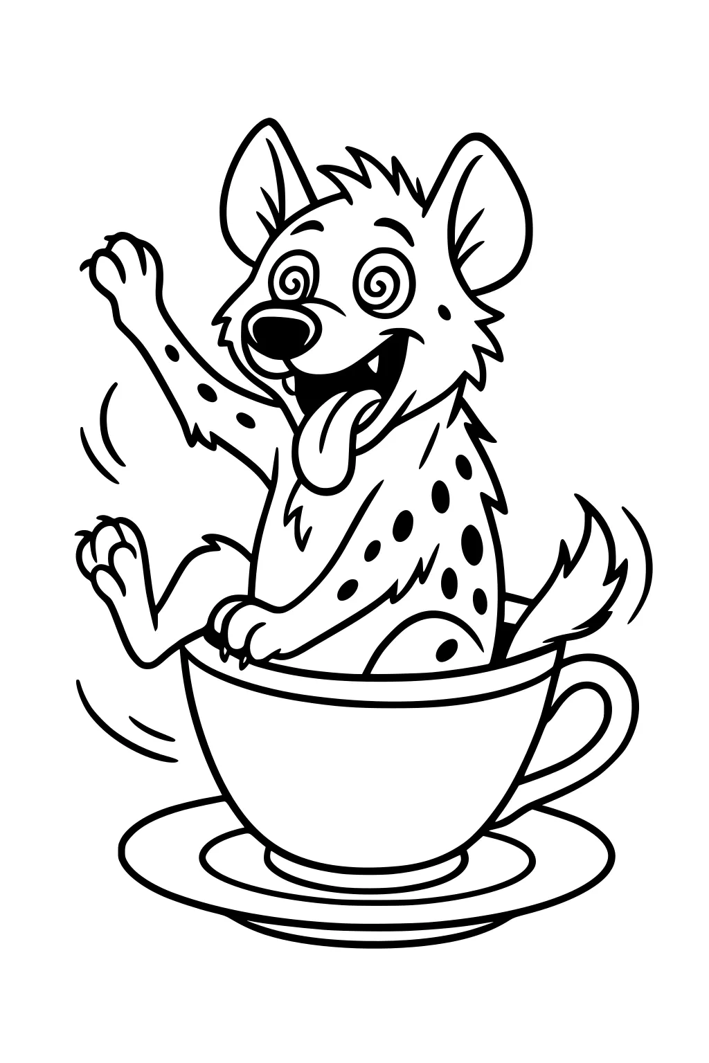 Cartoon hyena with tongue out and spiral eyes sits spinning inside a teacup with one paw raised and tail wagging above a saucer.